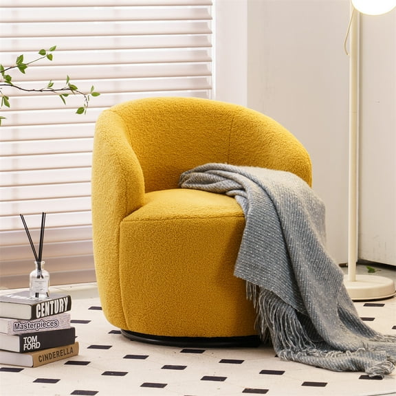 Swivel Barrel Chair, Modern Teddy Fabric Upholstered Lounge Chair Armchair with Round Metal Base, Comfy Single Sofa Chair Leisure Club Chair with 360 Degree Swiveling for Living Room Office, Yellow