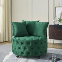 Swivel Barrel Chair, Modern Velvet Tufted Upholstered Accent Chair with Movable Wheels and 3 Pillows, 360 Degree Swivel Round Sofa Chair Reading Chair for Living Room Bedroom Hotel, Green