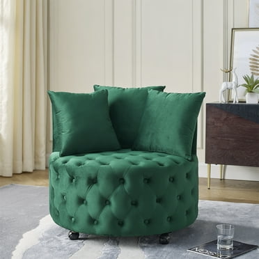 Swivel Barrel Chair, Modern Velvet Tufted Upholstered Accent Chair with Movable Wheels and 3 Pillows, 360 Degree Swivel Round Sofa Chair Reading Chair for Living Room Bedroom Hotel, Green