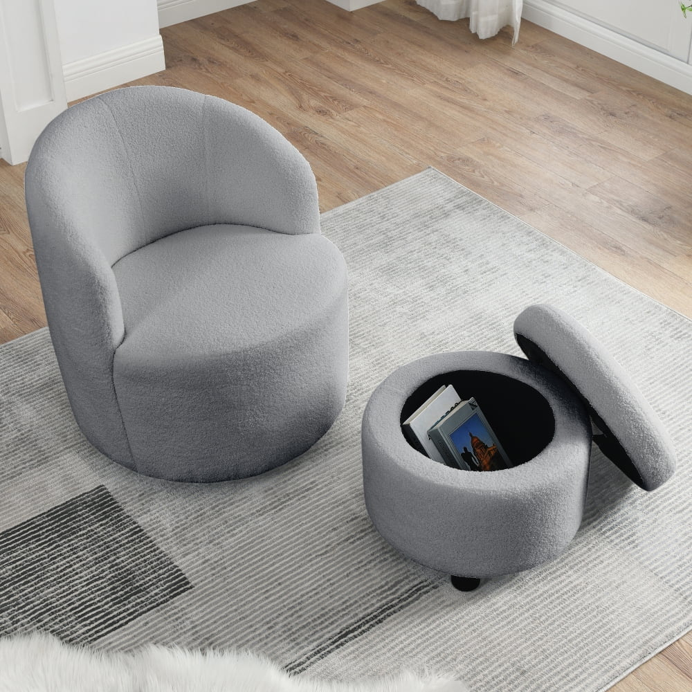 Articscorpion Modern Fabric Solid Print Swivel Barrel with Round Storage Ottoman Grey Teddy