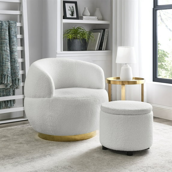 Swivel Barrel Chair with Storage Ottoman,Modern Round Accent Sofa Chair Leisure Arm Chair for Living Room Bedroom Office Lounge,Club Chair Swviel Barrel Chair with Gold Stainless Steel Base,Ivory