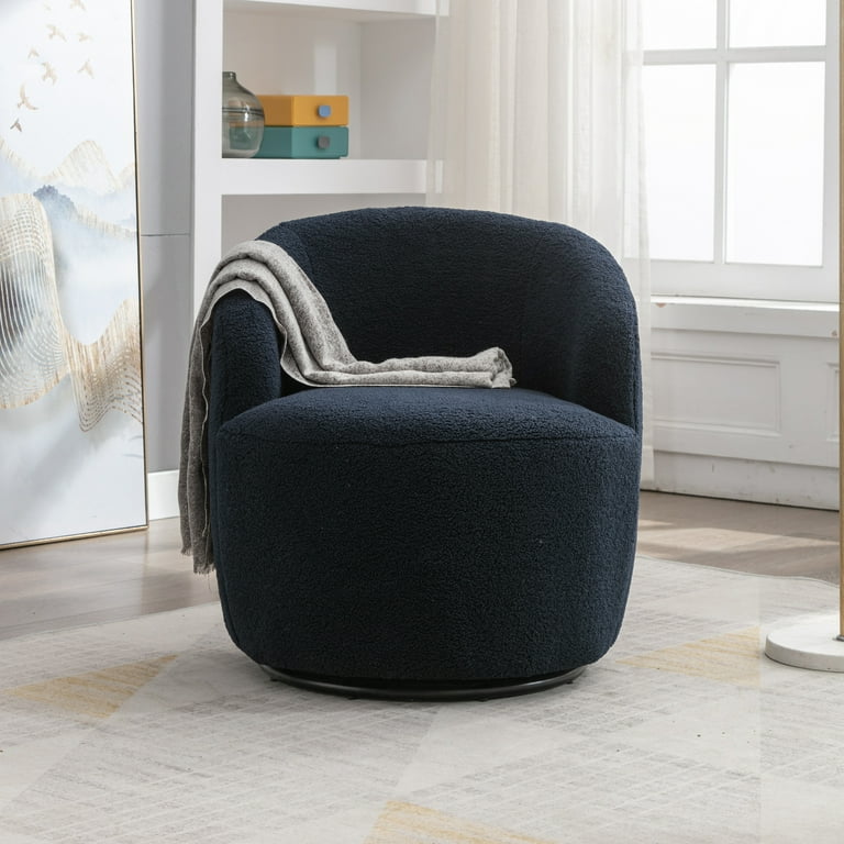 Swivel Barrel Chair Teddy Fabric 360 Degree Swivel Single Sofa Armchair for Living Room Dark Blue
