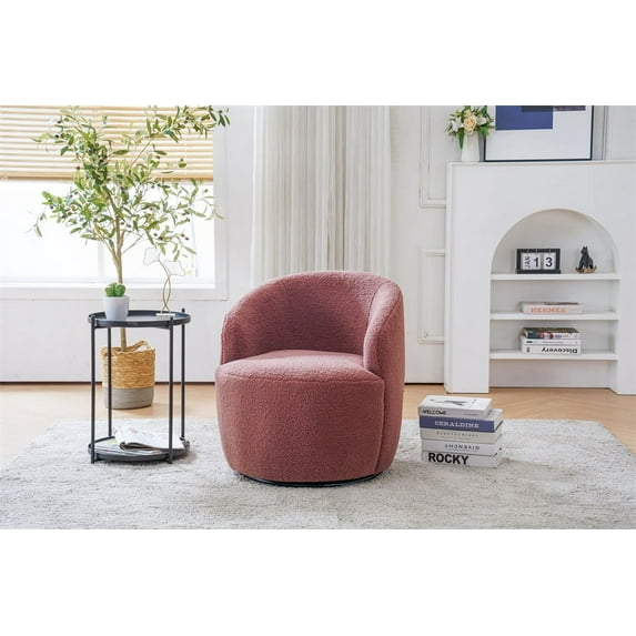 Swivel Barrel Chair, Teddy Fabric Accent Armchair with Stable Metal Base, 360 Degree Swivel Round Club Chair, Single Leisure Chair for Living Room Bedroom Office, 25.2''L x 25.2''W x 28''H, Red
