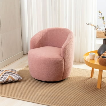 Swivel Barrel Chair, Teddy Fabric Swivel Accent Armchair with Black Powder Coating Metal Ring, Modern Comfortable Single Sofa Chair with Soft Seat, Upholstered Chair for Living Room Bedroom,Light Pink
