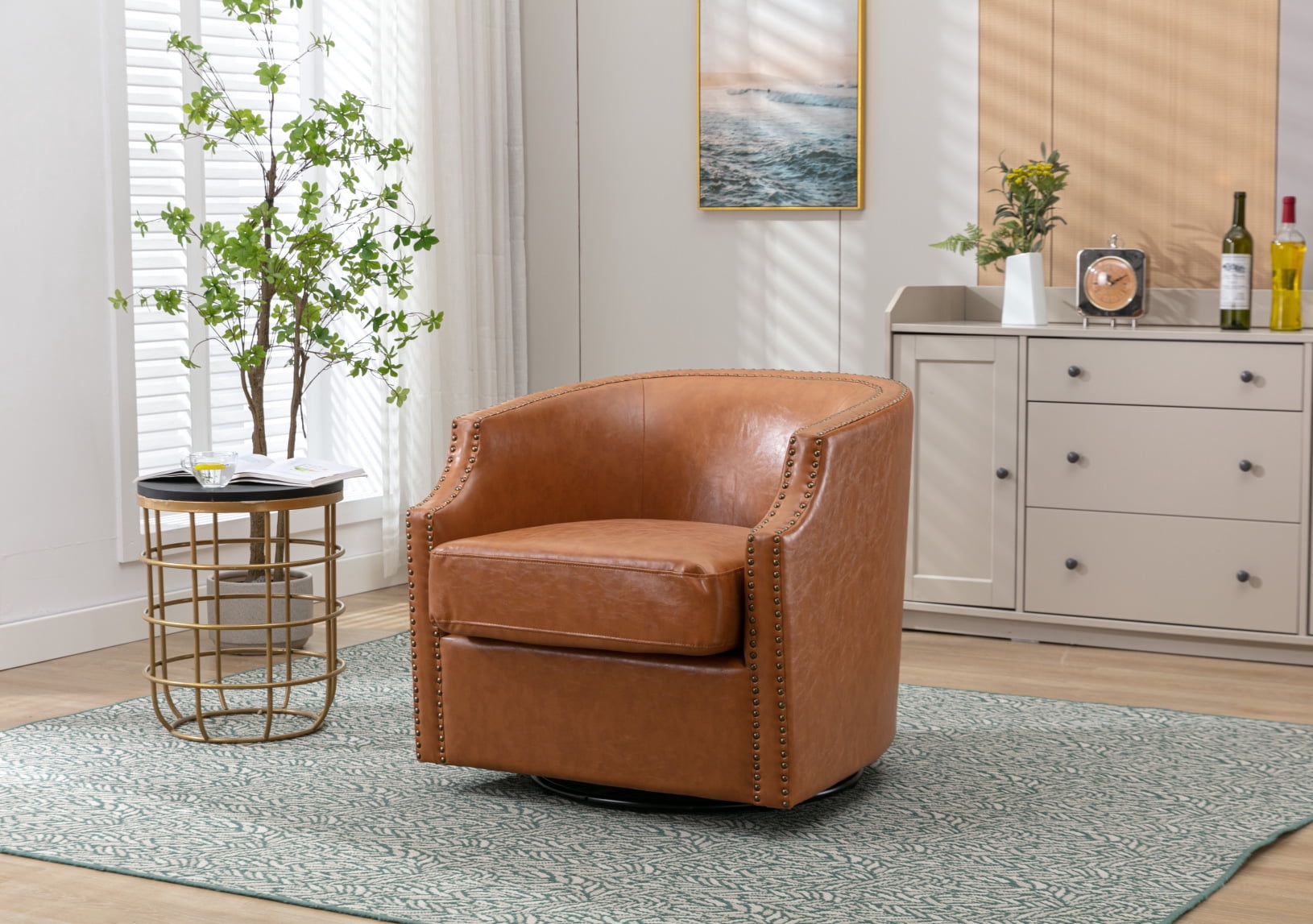 Swivel Barrel Chair, Upholstered Accent Chair with Nailhead Trims, Faux ...