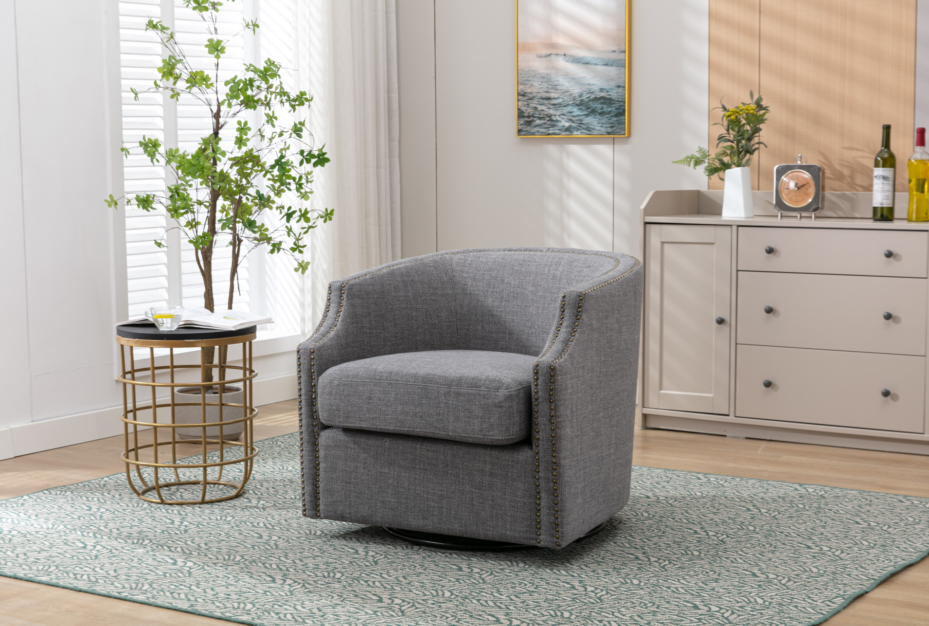 Swivel Barrel Chair, Upholstered Accent Chair with Nailhead Trims