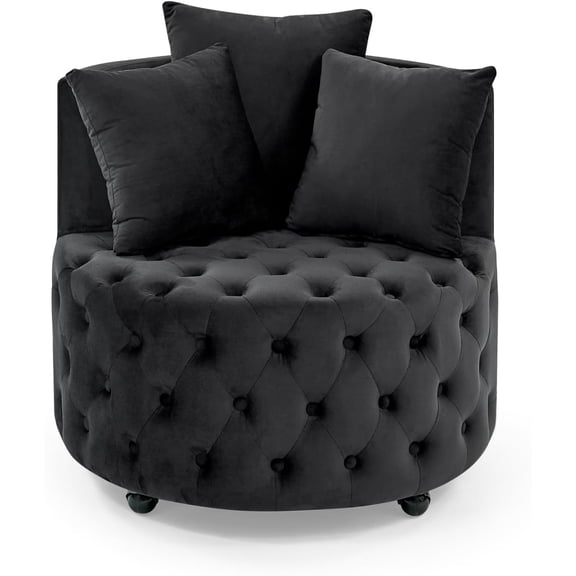 Swivel Barrel Chair, Velvet Accent Barrel Chair with 3 Pillows and 4 Wheels 360 Degree Sofa Chair Modern Button Tufted Upholstered Accent Chair for Living Room, Bedroom, Black