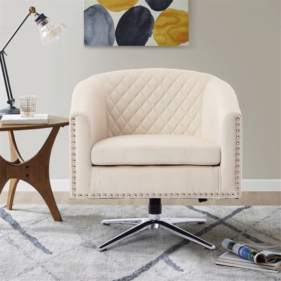 Swivel Velvet Barrel Chair, Upholstered Accent Chair with Nailheads Trim, Modern Leisure Chair Single Sofa Chair with Metal Base, Comfy Armchair Reading Chair for Living Room Bedroom Office, Beige