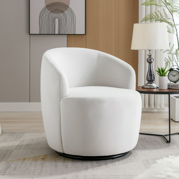Swivel Barrel Chair, Velvet Fabric Swivel Accent Armchair with Black Powder Coating Metal Ring, Modern Comfortable Single Sofa Chair with Soft Seat, Upholstered Chair for Living Room Bedroom, White