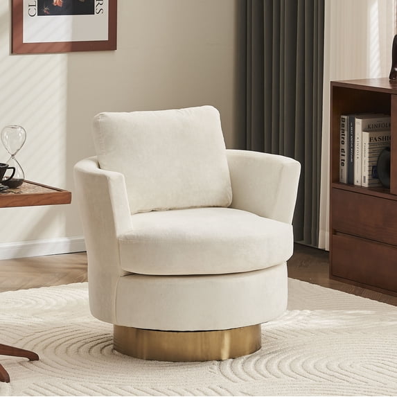 Swivel Barrel Chair, Velvet Swivel Accent Chairs with Gold Stainless Steel Base, Armrests and Padded Seat, Round Barrel Reading Chairs for Bedroom Comfy, Beige