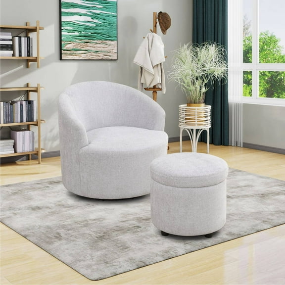 Swivel Barrel Chair With Storage Ottoman Comfy Armchair with Footrest Reading Chair for Living Room, Bedroom