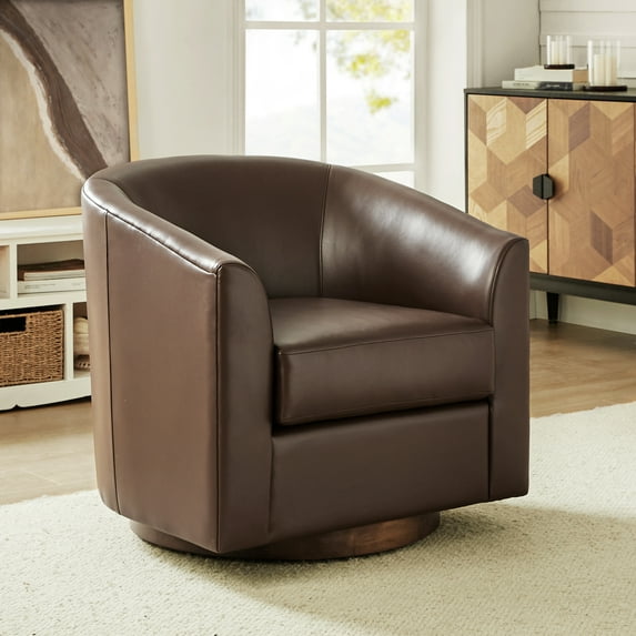 Swivel Barrel Chair with Faux Leather Upholstery & Sturdy Solid Wood Base Modern, 360-Degree Rotation for Living Room and Bedroom Seating Brown