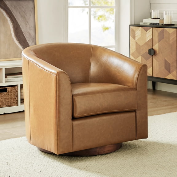 Swivel Barrel Chair with Faux Leather Upholstery & Sturdy Solid Wood Base Modern, 360-Degree Rotation for Living Room and Bedroom Seating Camel