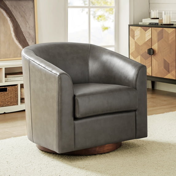 Swivel Barrel Chair with Faux Leather Upholstery & Sturdy Solid Wood Base Modern, 360-Degree Rotation for Living Room and Bedroom Seating Gray