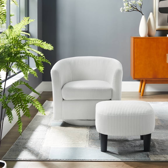 Swivel Barrel Chair with Ottoman,Modern 360°Lounge Armchair, Comfy Accent Chair for Living Room, Reading Nook, Bedroom, White
