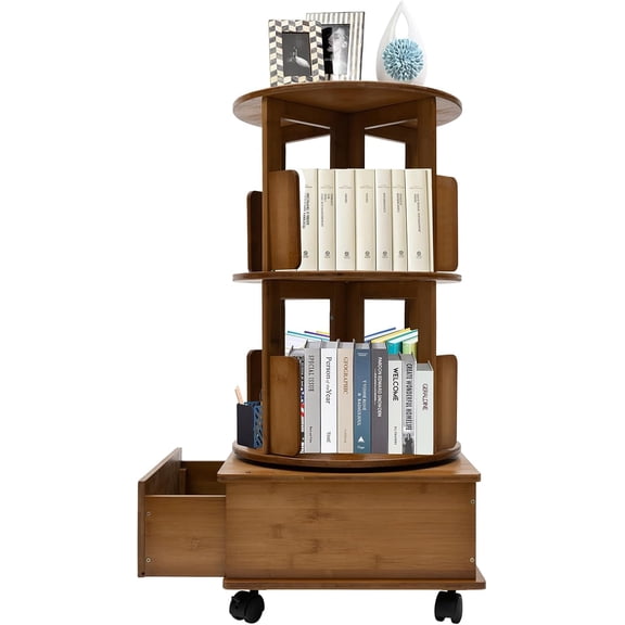 Swivel Bookcase 360 Rotating End Table Mobile 2 Tier Multi Storage Mahogany Finish Companion Side Table with Rolling Wheels for Living Room Bedroom Study Office