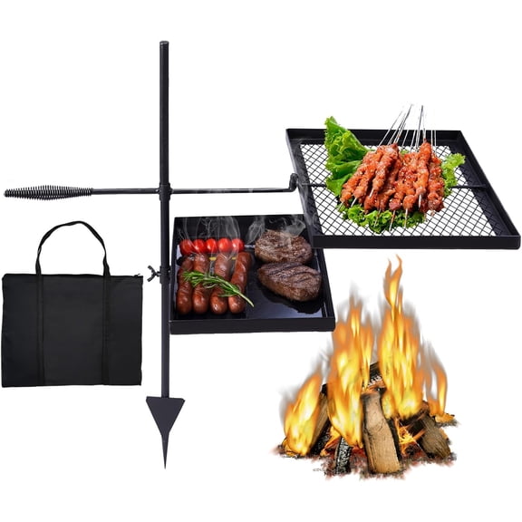 Swivel Campfire Grill Skillet Combo, Portable Heavy Duty Camping Grill Grate with Height Adjustable Grill Grate and Grill Pan and Carry Bag, Black
