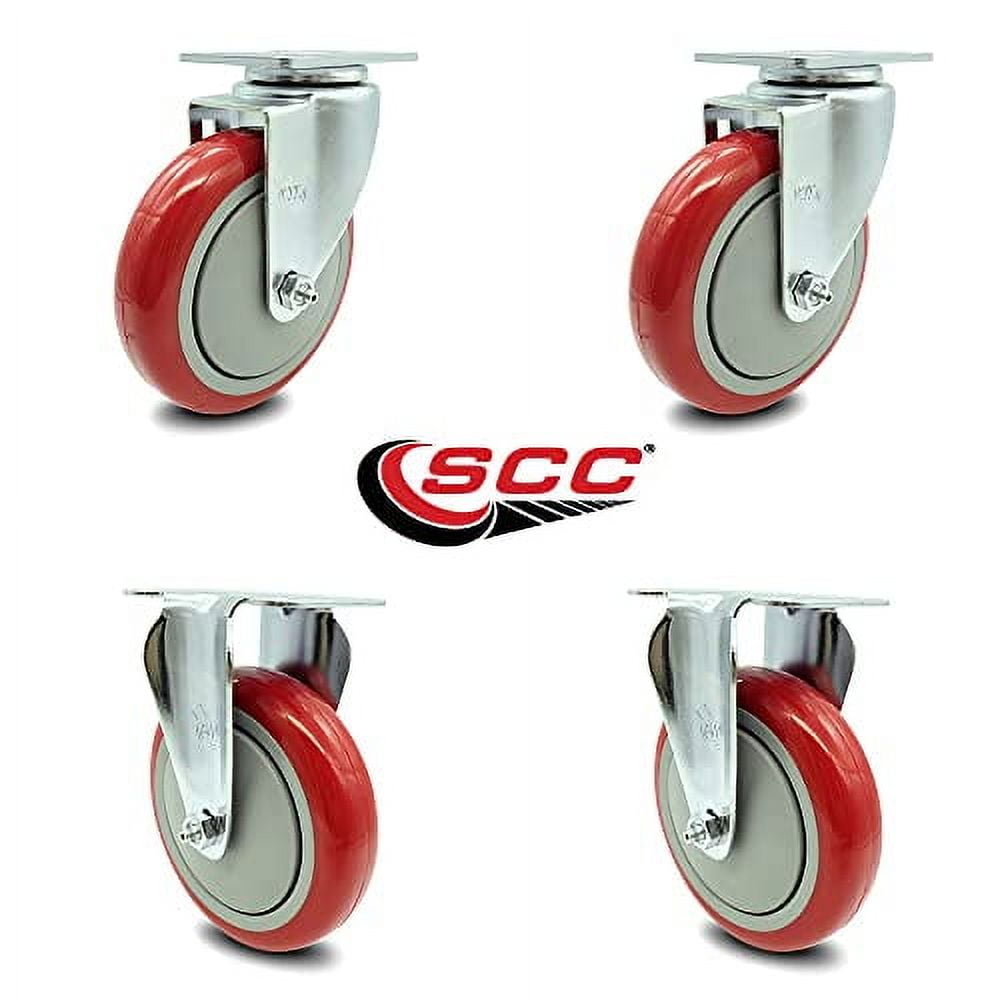 Swivel Caster Set of 4 with 2 Rigid Casters - 5 Inch Red Polyurethane ...