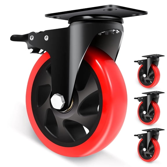 Swivel Caster Wheel for Cart, 5 Inch Industrial Casters Set of 4 - Heavy Duty Top Plate Casters with Brake 2200 Lbs, 360 Degree Polyurethane Wheels for Cart, Trolleys, Furniture, Equipment