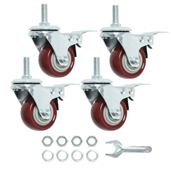 Swivel Caster Wheels 2 Inch Heavy Duty Threaded Stem Casters 5/16"- 18 x 1 with Brake Set of 4 Premium Polyurethane Wheels PU Load Bearing 800 Lbs Anti-wear Smooth Casters, Red