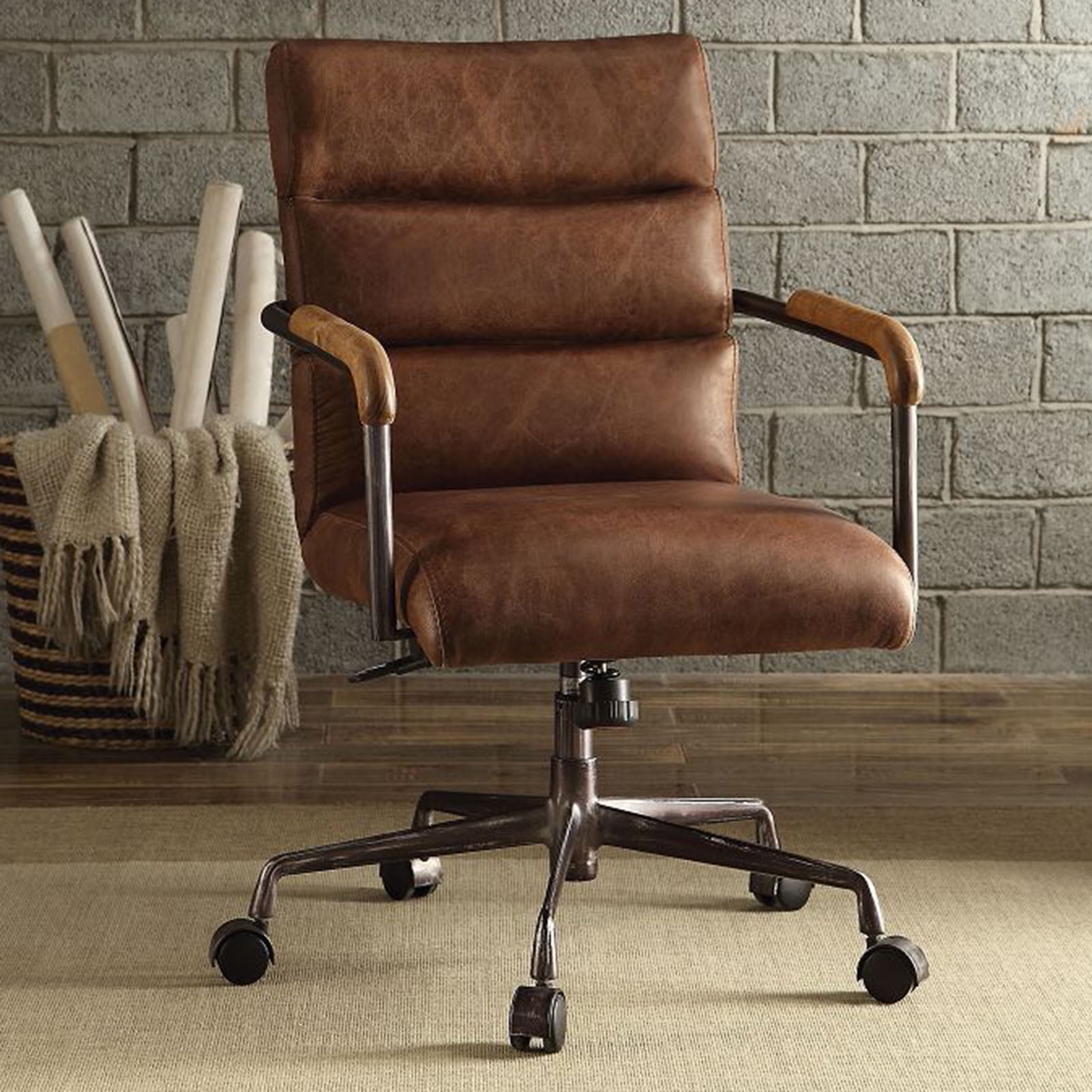 Antique Slate Executive Swivel Chair in Top Grain Leather and Wood