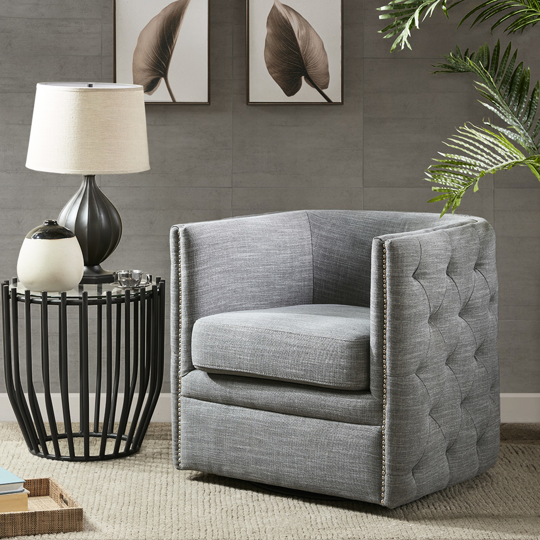 Swivel Chair In Gray, Solid Wood Structure, 360-degree Rotation ...