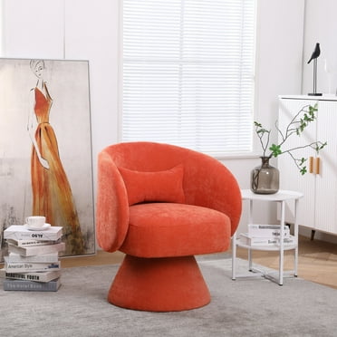 Swivel Chair, Linen Round Barrel Chair with 360-Degree Swivel Solid Wood Base, Leisure Single Sofa Armchair Chair for Living Room, Bed Room, Club, Orange