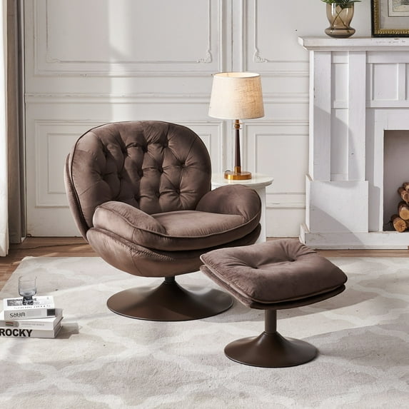 Swivel Chair Lounge In Rich And Smooth Chocolate Velvet With Stool For Relaxation