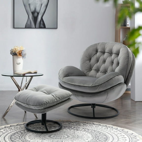 Swivel Chair with Ottoman Set, Velvet Tufted Upholstered Accent Chair, Single Sofa Chair with 360 Degree Metal Base for Living Room, Bedroom, Home Office, Gray