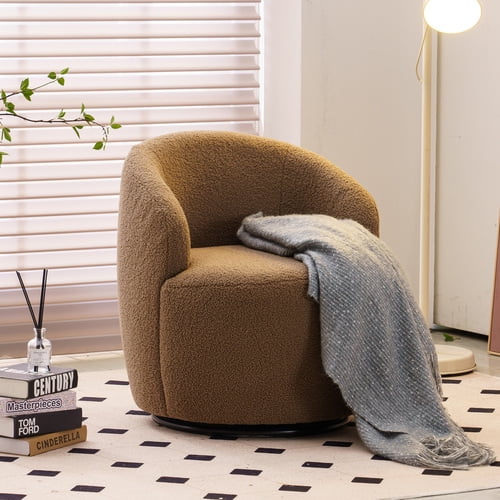 Swivel Chair, Round Accent Sofa Chair, Teddy Fabric Swivel Accent Armchair, Modern Leisure Arm Chair for Living Room, Hotel, Bedroom, Office, Chocolate
