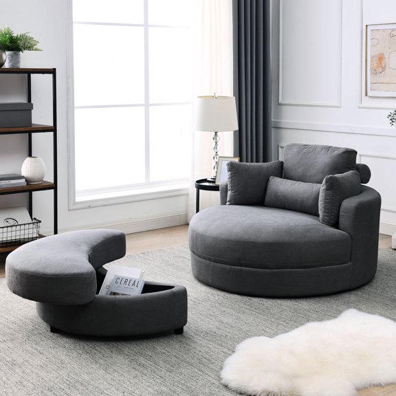 Swivel Chair With Storage In Dark Grey Linen, Comfortable Foam Cushioning, Wood Framework For Living Room Hotel Linen Storage, Foam, Robust Construction And Use