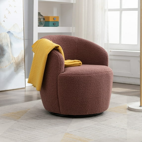 Swivel Barrel Chair, Modern Teddy Fabric Upholstered Accent Chair Armchair Lounge Chair with Metal Base, Comfy Single Sofa Chair with 360 Degree Swiveling for Living Room/Bedroom, Dark Red