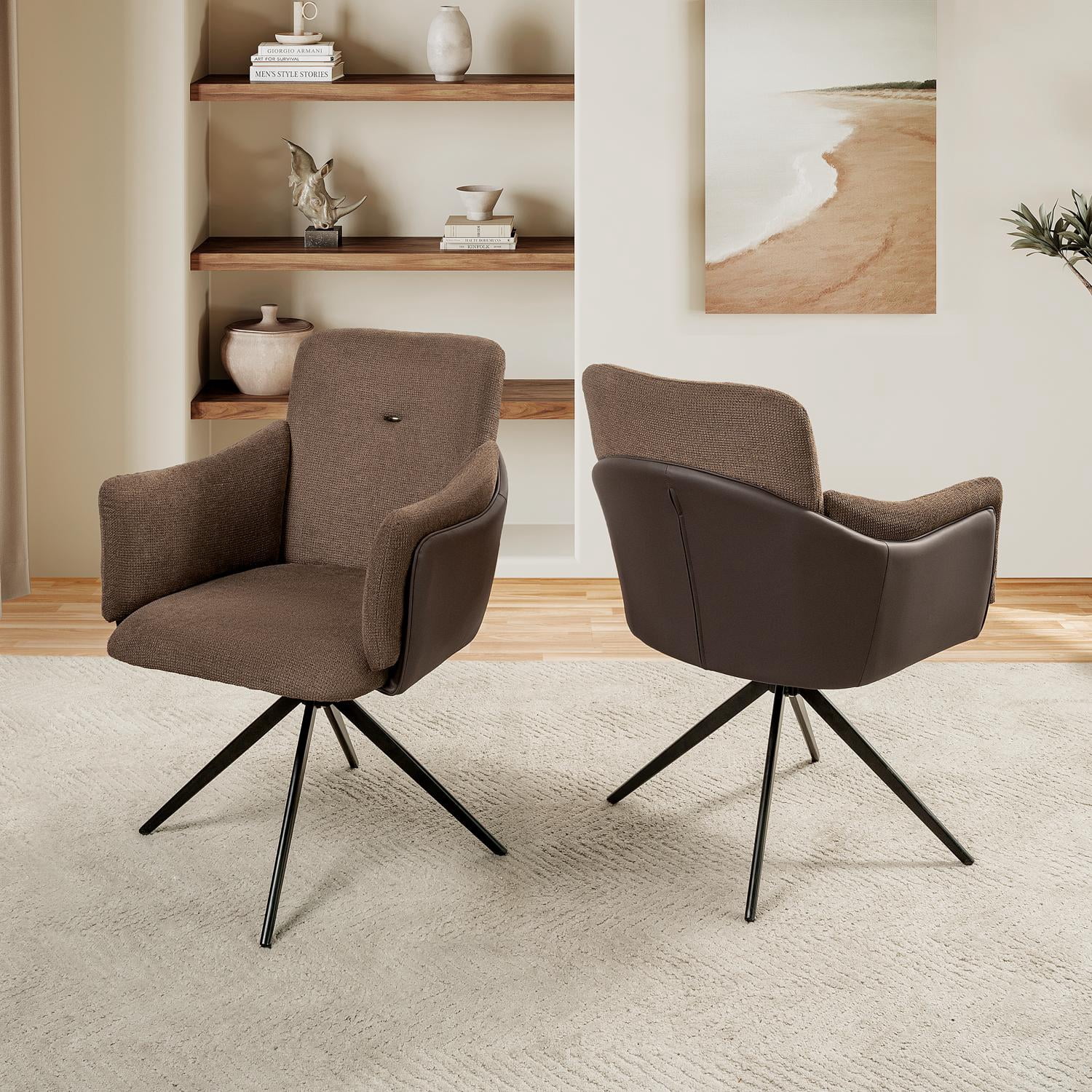 Swivel Chairs, Arm Chairs, Accent Chairs Set Of 2 With 360 Degree Rotation Linen Fabric Metal Legs For Living Room Study Dining, Dark Brown Modern Chair