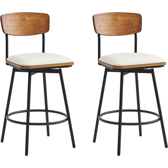Swivel Counter Height Bar Stools, Fabric Upholstered Barstools Set of 2, 27" Seat Height, Metal & Wood Frame, Cream