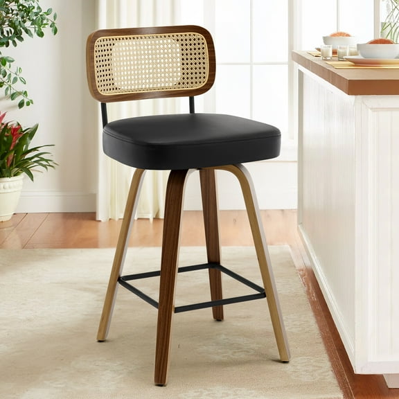 Swivel Counter Height Bar Stools, Set of 1, 26" Seat Height Upholstered PU Leather Barstools with Rattan Back Wood Legs for Home Kitchen Island, Black
