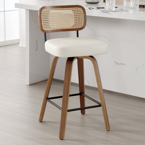 Swivel Counter Height Bar Stools, Set of 1, 26" Seat Height Upholstered PU Leather Barstools with Rattan Back Wood Legs for Home Kitchen Island, Cream White