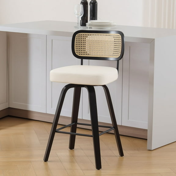 Swivel Counter Height Bar Stools, Set of 1, 26" Seat Height Upholstered PU Leather Barstools with Rattan Back Wood Legs for Home Kitchen Island, Cream White