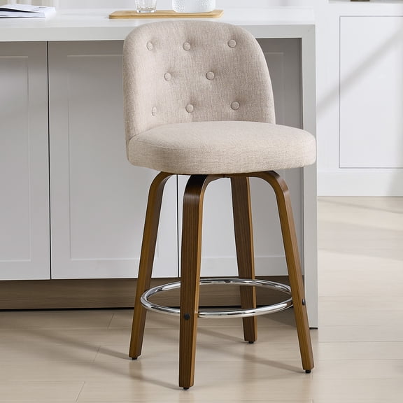 WOOW DEPOT Button-tufted Swivel Bar Stools Set of 1, 26" Upholstered Linen Fabric Barstools w/ Mid-back Wood Legs Large Seat, Mid Century Modern Bar Chair Island Stool for Kitchen Counter