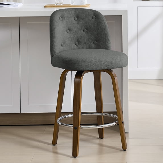 WOOW DEPOT Button-tufted Swivel Bar Stools Set of 1, 26" Upholstered Linen Fabric Barstools w/ Mid-back Wood Legs Large Seat, Mid Century Modern Bar Chair Island Stool for Kitchen Counter