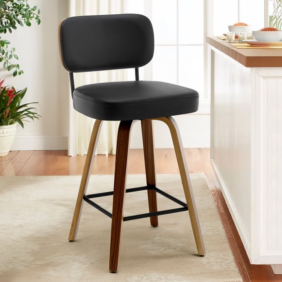 Swivel Counter Height Bar Stools, Set of 1, 26" Upholstered PU Leather Barstools with Back Wood Legs, Mid Century Modern Bar Chair Island Stool for Kitchen Counter, Black