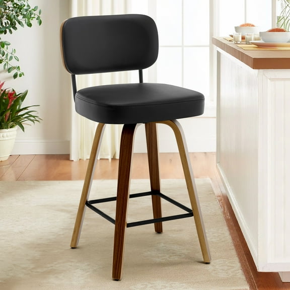 Swivel Counter Height Bar Stools, Set of 1, 26" Upholstered PU Leather Barstools with Back Wood Legs, Mid Century Modern Bar Chair Island Stool for Kitchen Counter, Black