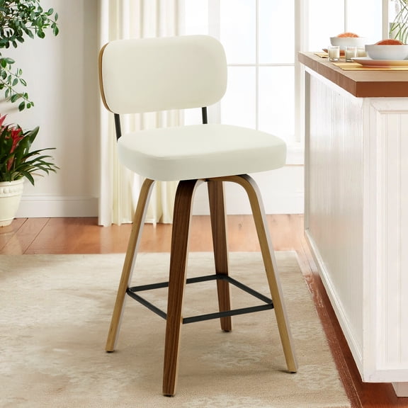 Swivel Counter Height Bar Stools, Set of 1, 26" Upholstered PU Leather Barstools with Back Wood Legs, Mid Century Modern Bar Chair Island Stool for Kitchen Counter, Cream White