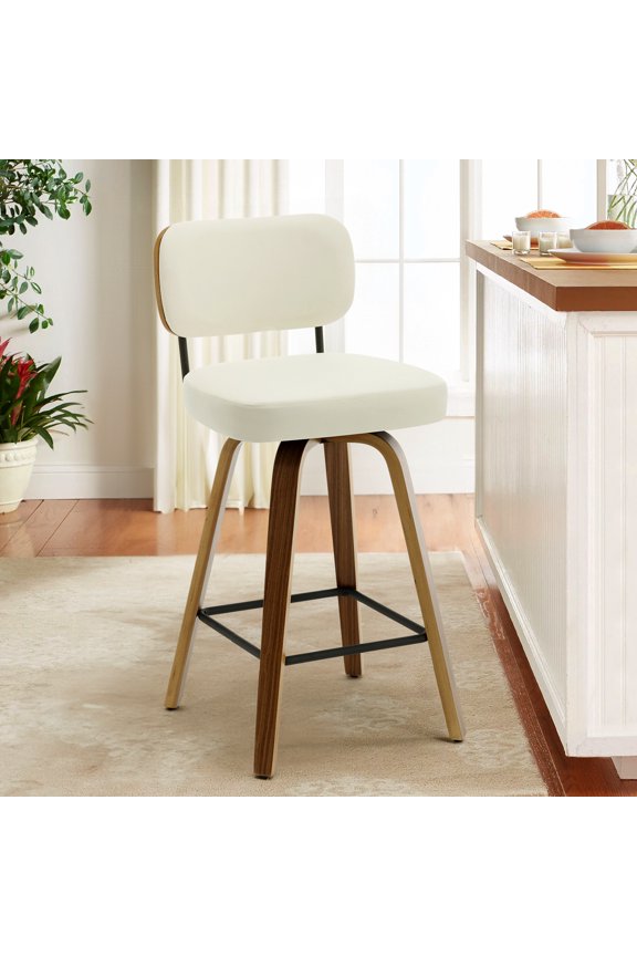 Swivel Counter Height Bar Stools, Set of 1, 26" Upholstered PU Leather Barstools with Back Wood Legs, Mid Century Modern Bar Chair Island Stool for Kitchen Counter, Cream White