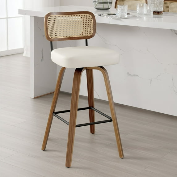 Swivel Counter Height Bar Stools, Set of 1, 29" Seat Height Upholstered PU Leather Barstools with Rattan Back Wood Legs for Home Kitchen Island, Cream White