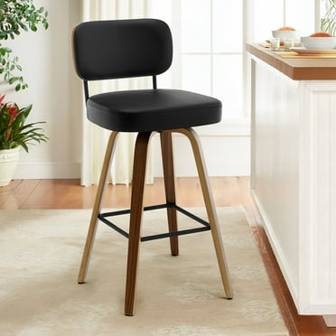 Swivel Counter Height Bar Stools, Set of 1, 29" Upholstered PU Leather Barstools with Back Wood Legs, Mid Century Modern Bar Chair Island Stool for Kitchen Counter, Black