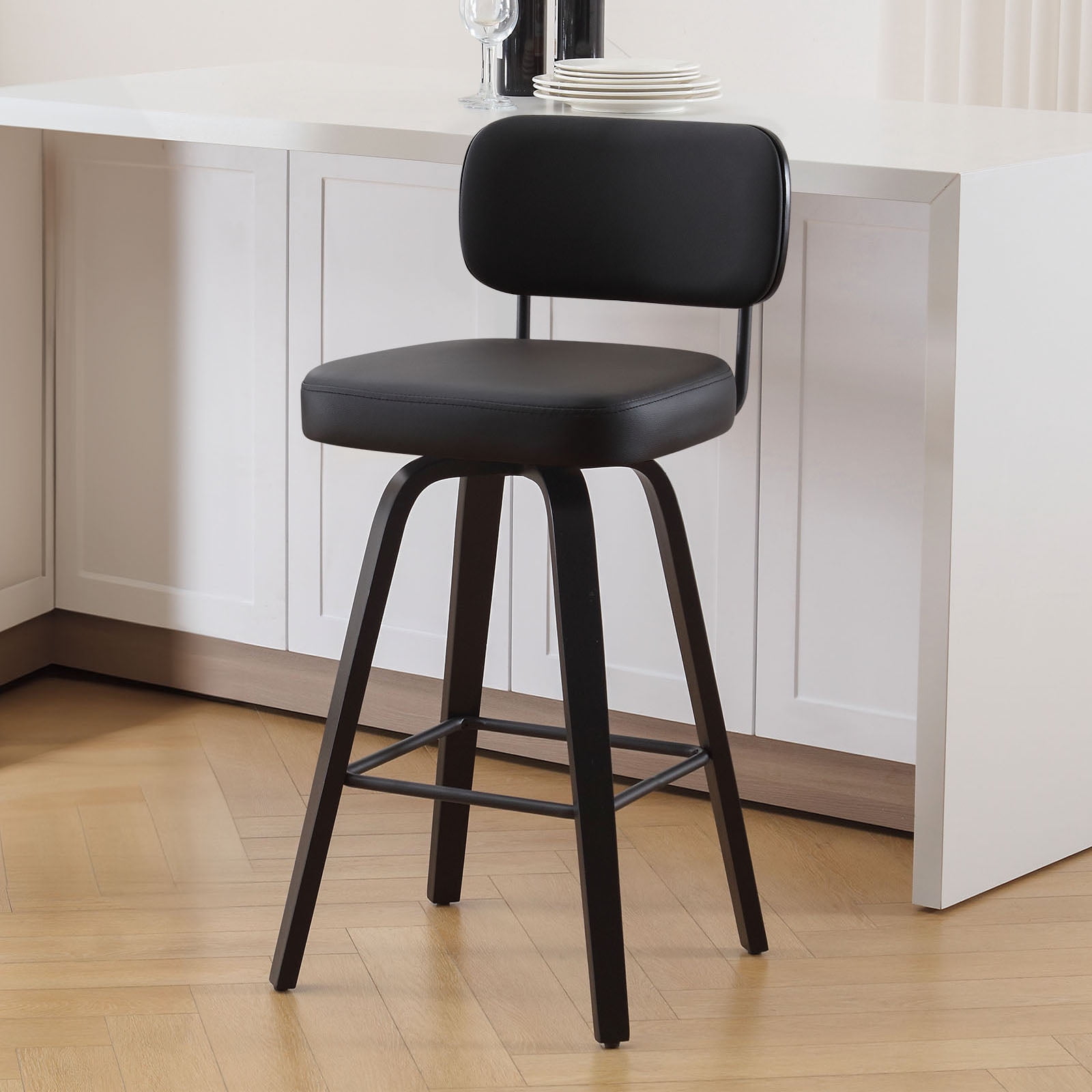 Swivel Counter Height Bar Stools, Set of 1, 29" Upholstered PU Leather Barstools with Back Wood Legs, Mid Century Modern Bar Chair Island Stool for Kitchen Counter, Black