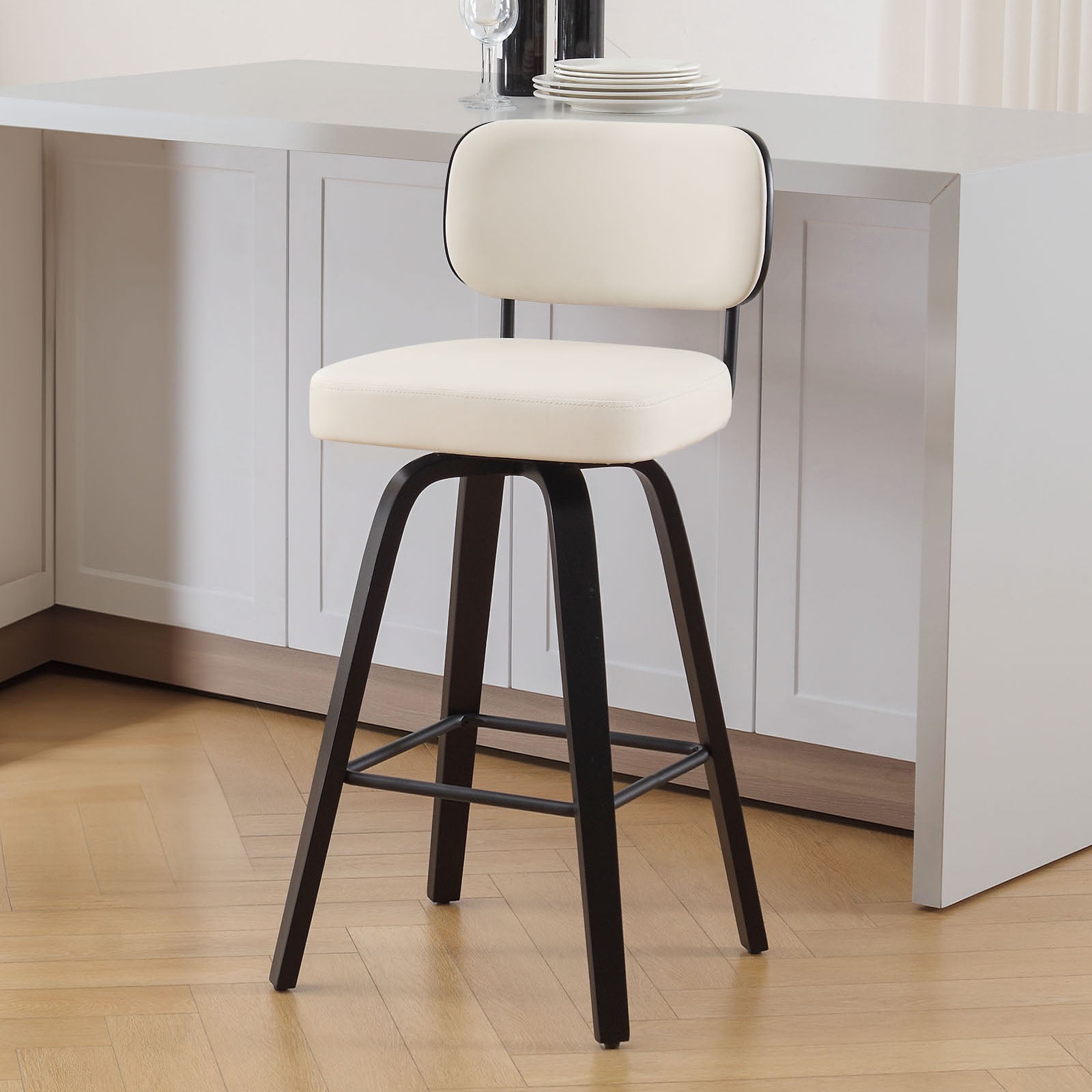 Swivel Counter Height Bar Stools, Set of 1, 29" Upholstered PU Leather Barstools with Back Wood Legs, Mid Century Modern Bar Chair Island Stool for Kitchen Counter, Cream White
