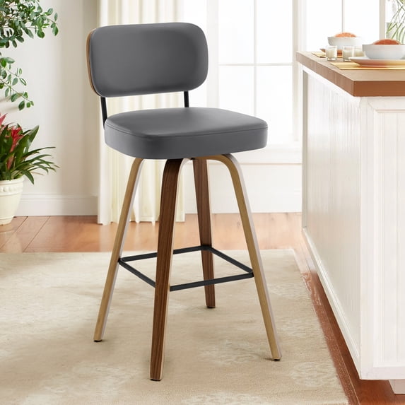 Swivel Counter Height Bar Stools, Set of 1, 29" Upholstered PU Leather Barstools with Back Wood Legs, Mid Century Modern Bar Chair Island Stool for Kitchen Counter, Gray