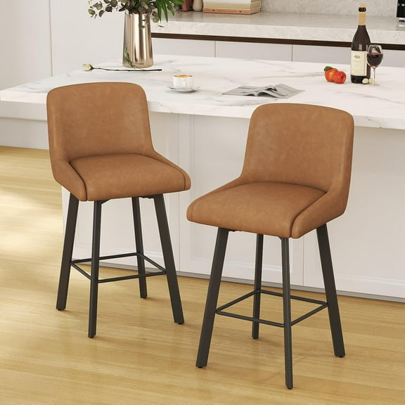 Swivel Counter Height Bar Stools Set of 2, 26''H Upholstered Barstools with Backs, Modern Bar Stool Chairs for Kitchen Island, Metal Legs, Faux Leather, Whiskey Brown Stools Counter Chair