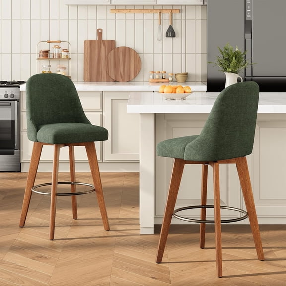 Swivel Counter Height Bar Stools Set of 2, 26" Linen Upholstered Bar Stools with Back, Wood Legs and Metal Footrest, Kitchen Island Counter Chairs, 360° Swivel, Green